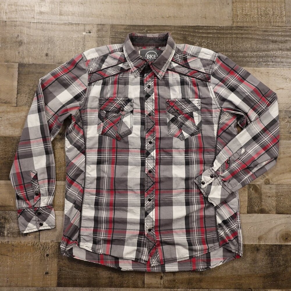 BKE Slim Fit Western Snap Button Plaid Shirt Men’s Large Red Gray Black White